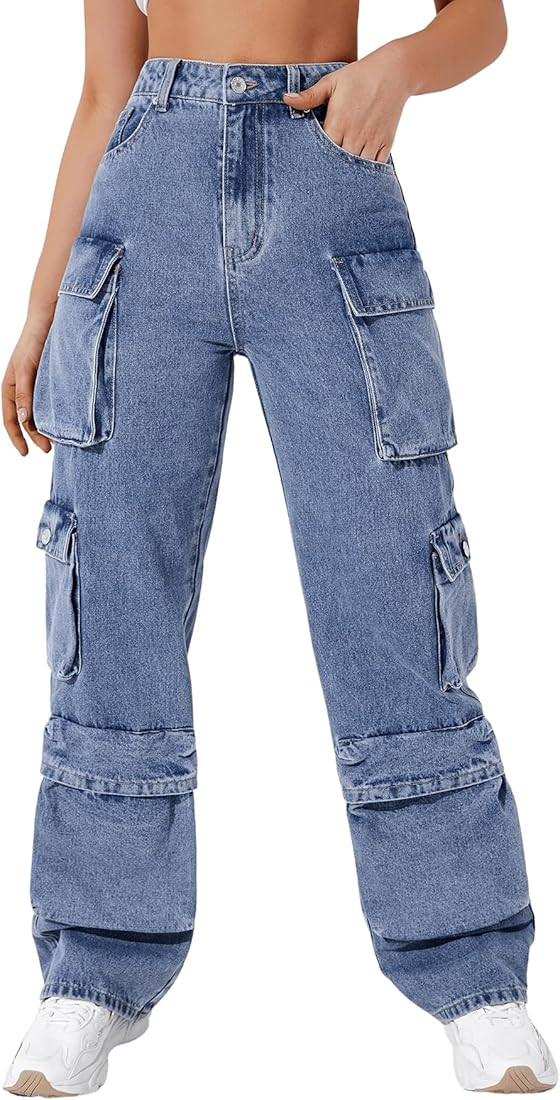 SweatyRocks Women's Casual High Waist Flap Pockets Cargo Jeans Baggy Straight Leg Denim Pants | Amazon (US)