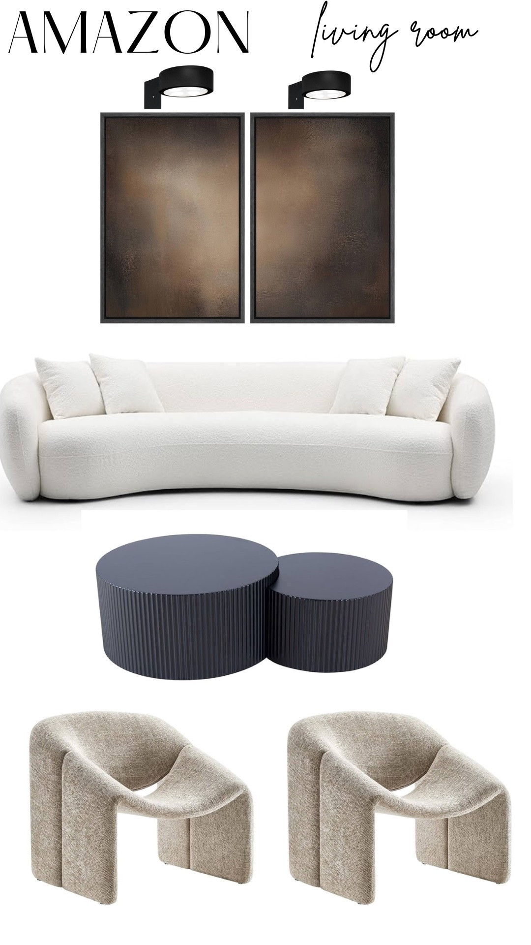 Living room
Sofa, coffee table, accent chairs, wall art
