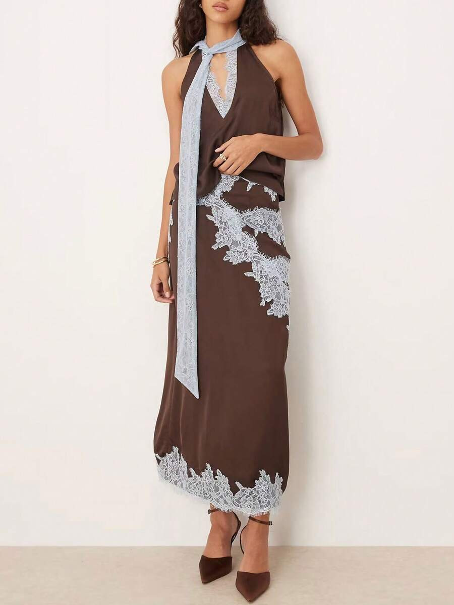 LocalMagic Mia Women's Chocolate Brown & Blue Maxi Dress - Halter Neck & Contrast Lace Trim & V-N... | SHEIN