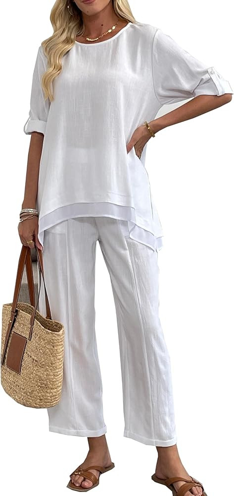 Women's Linen 2 Piece Outfits Rolled Sleeves Tops Wide Leg Trouser Pants Suits Summer Casual Dres... | Amazon (US)