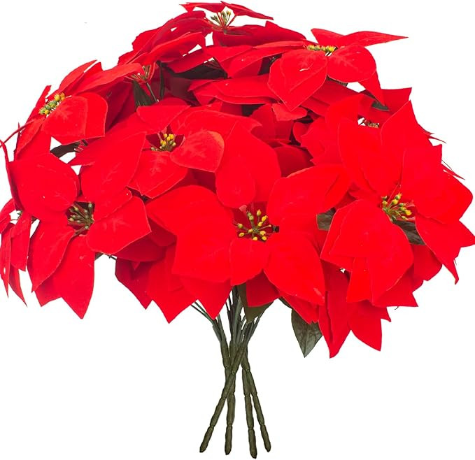 5 Artificial Poinsettia Flowers Bouquet Christmas 7 Heads 19.6”Faux Red Poinsettia Bush Fake Fl... | Amazon (US)
