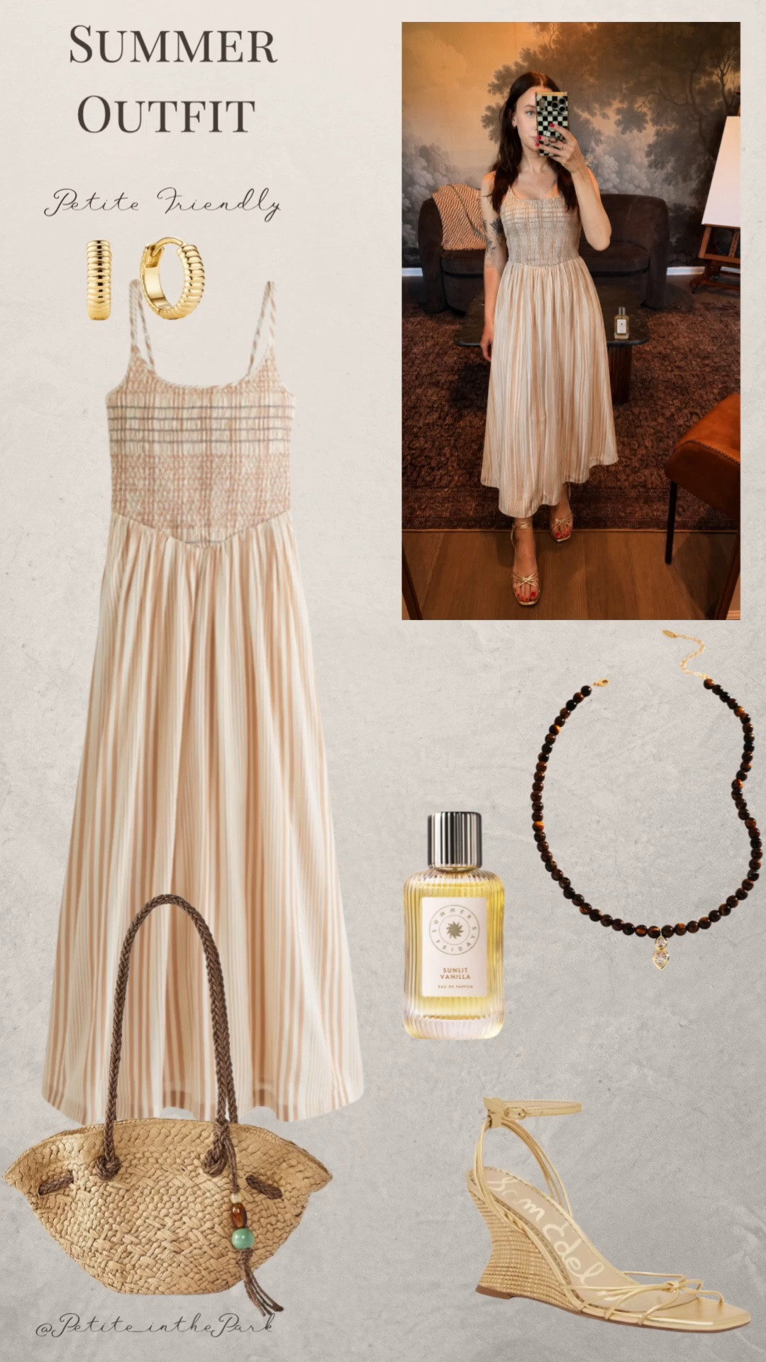 Summer outfit, summer trends, casual summer outfit, petite summer outfit, summer fashion, summer style, petite style, petite summer style, wedding guest, date night,  casual petite outfit, minimal outfit, minimal summer outfit, summer dress, petite friendly dress, tan dress, striped dress, midi dress, sandals, wedge sandals, gold sandals, shoulder bag, raffia bag, tan bag, tan purse, gold earrings, gold hoop earrings, gold necklace, minimal jewelry  #casualoutfit #petiteoutifts #summeroutfits #summeroutfit2026 #summertrends

#LTKSeasonal #LTKPetite #LTKootd