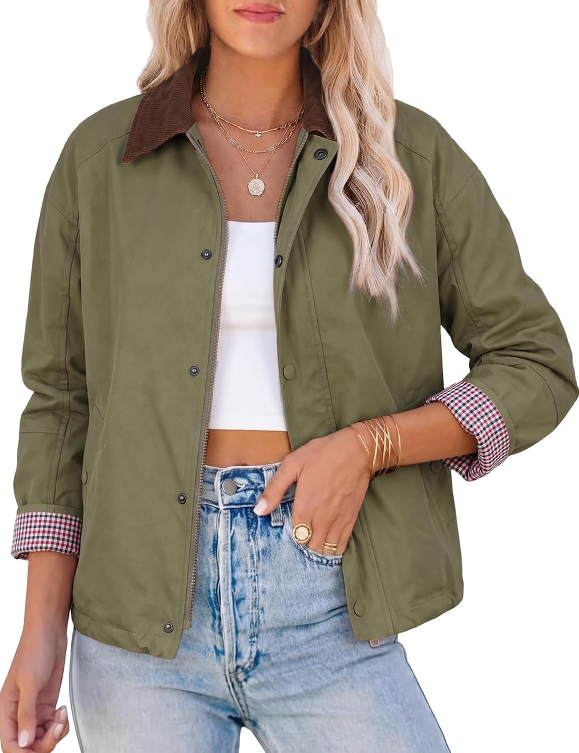 Watashi Women Barn Jacket Contrast Collar Plaid Cuff Zip Up Coat | Amazon (US)