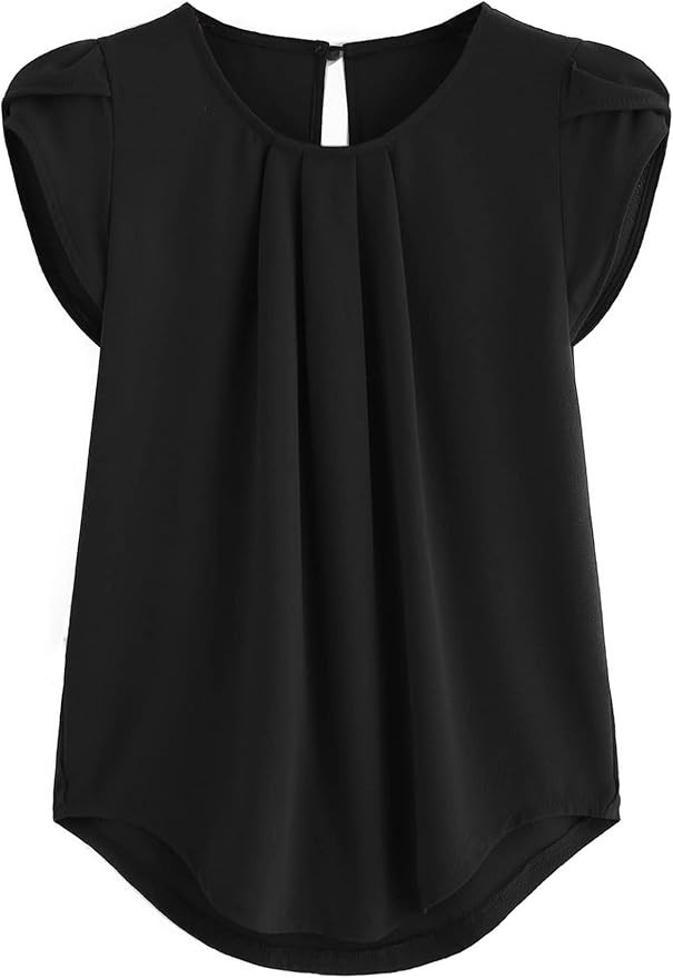 Milumia Women's Casual Round Neck Basic Pleated Top Cap Sleeve Curved Keyhole Back Blouse | Amazon (US)