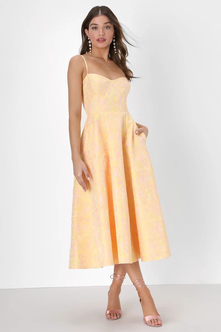 Meet for Tea Yellow Jacquard Bustier Midi Dress With Pockets | Lulus