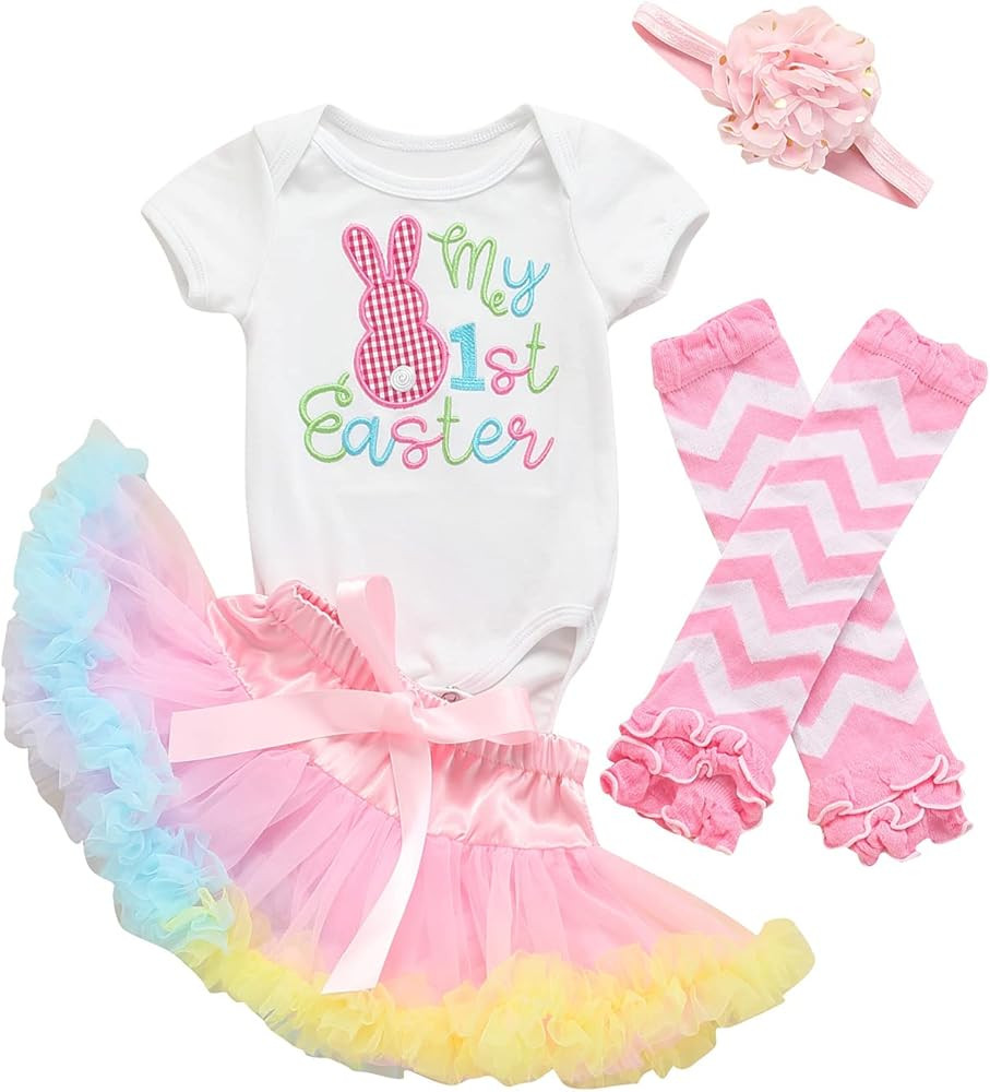 Baby Girl My 1st Easter Clothes Set Embroidered Short-sleeved Jumpsuit Colorful Ruffled Tulle Skirt  | Amazon (US)