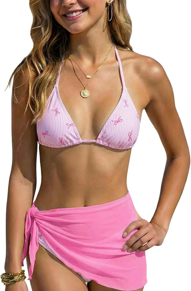 Halter Triangle Bikini Set,with Wrap Skirts,Teen Beachwear | Amazon (US)