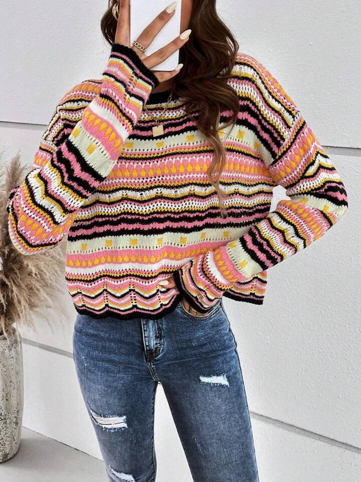 SHEIN Frenchy Striped And Geo Pattern Pointelle Knit Sweater | SHEIN