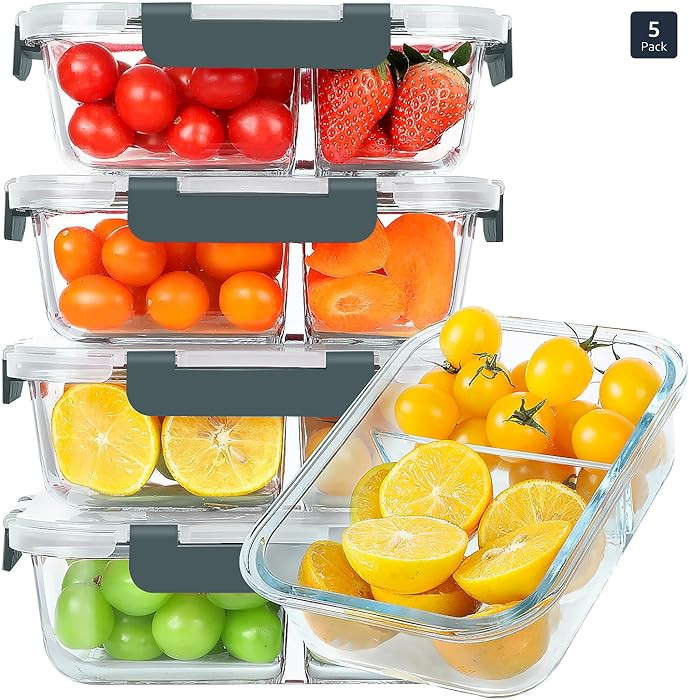 KOMUEE 30 oz 5 Pack Glass Meal Prep Containers 2 Compartments, Glass Food Storage Containers with... | Amazon (US)