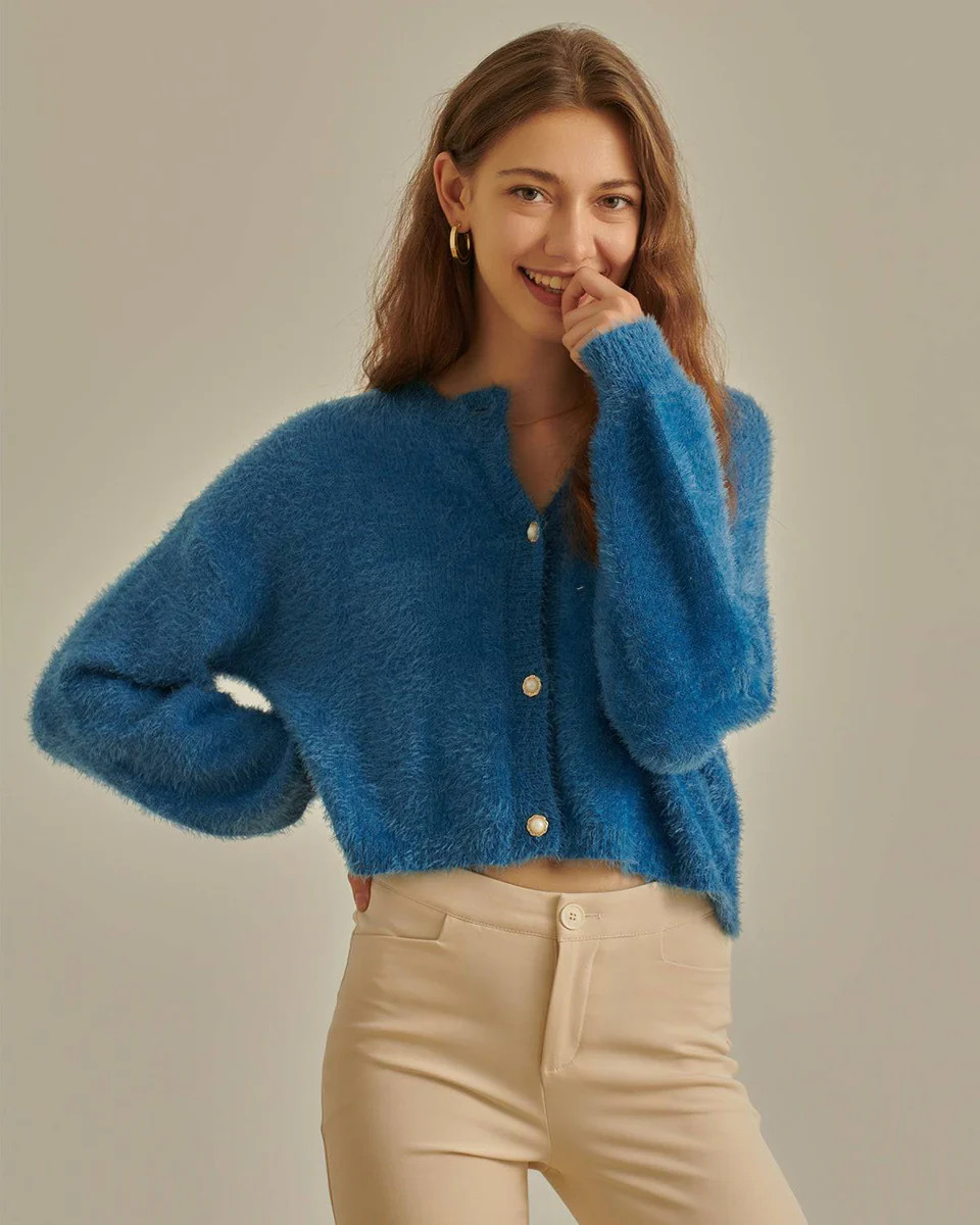 The Lustrous Fluffy Cardigan - Women's Fuzzy Knit Cropped Button Cardigan - Royal Blue, Purple - ... | rihoas.com