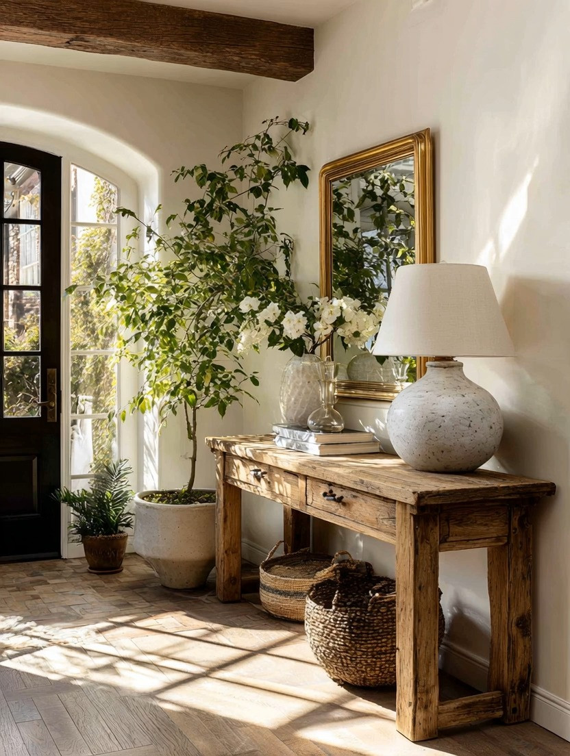 Your hallway sets the tone for your entire home. ✨

If you already have a rustic or country-style console table, here’s how you instantly elevate it:

• Add a gorgeous gold-framed mirror to reflect light and expand the space
• Place a statement table lamp for warmth and soft evening glow
• Bring in a tree-like plant in a natural planter for grounding energy

That’s it. Three intentional pieces.

The combination works because it balances:
Rustic wood (earth)
Gold frame (refined elegance)
Soft lighting (warmth)
Living greenery (life + movement)

And yes — this is beautiful design, but it’s also energetic design.

In Feng Shui, your entrance is where chi (energy) enters your home.
Light. Reflection. Natural elements.
They all encourage positive flow.

No console table yet?
Choose a solid wooden one with character and texture. Keep styling minimal but intentional.

Grounded. Warm. Elegant.
The kind of entrance that feels like a deep breath the moment you walk in.

#EntrywayDesign #ElegantHome #FengShuiHome #GoldMirror #HallwayInspiration #WarmInteriors #ElegantAndDriven 

 #LTKHome