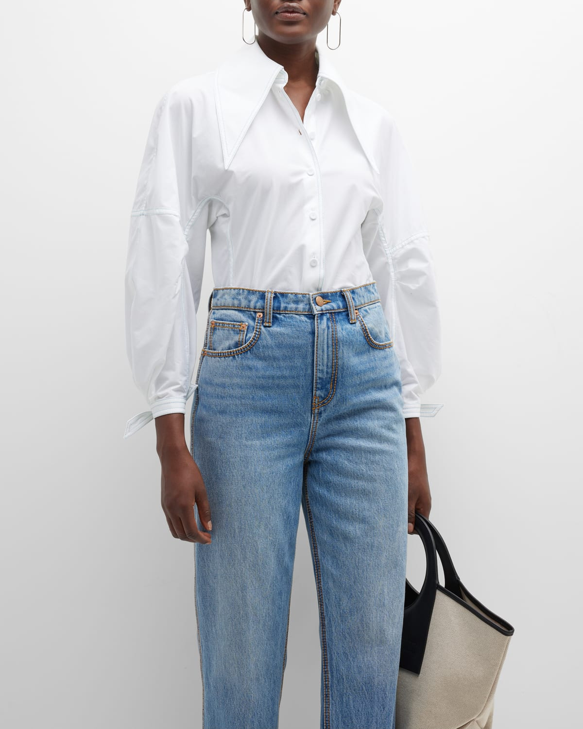 Button-Front Poplin Bow Blouse | Neiman Marcus