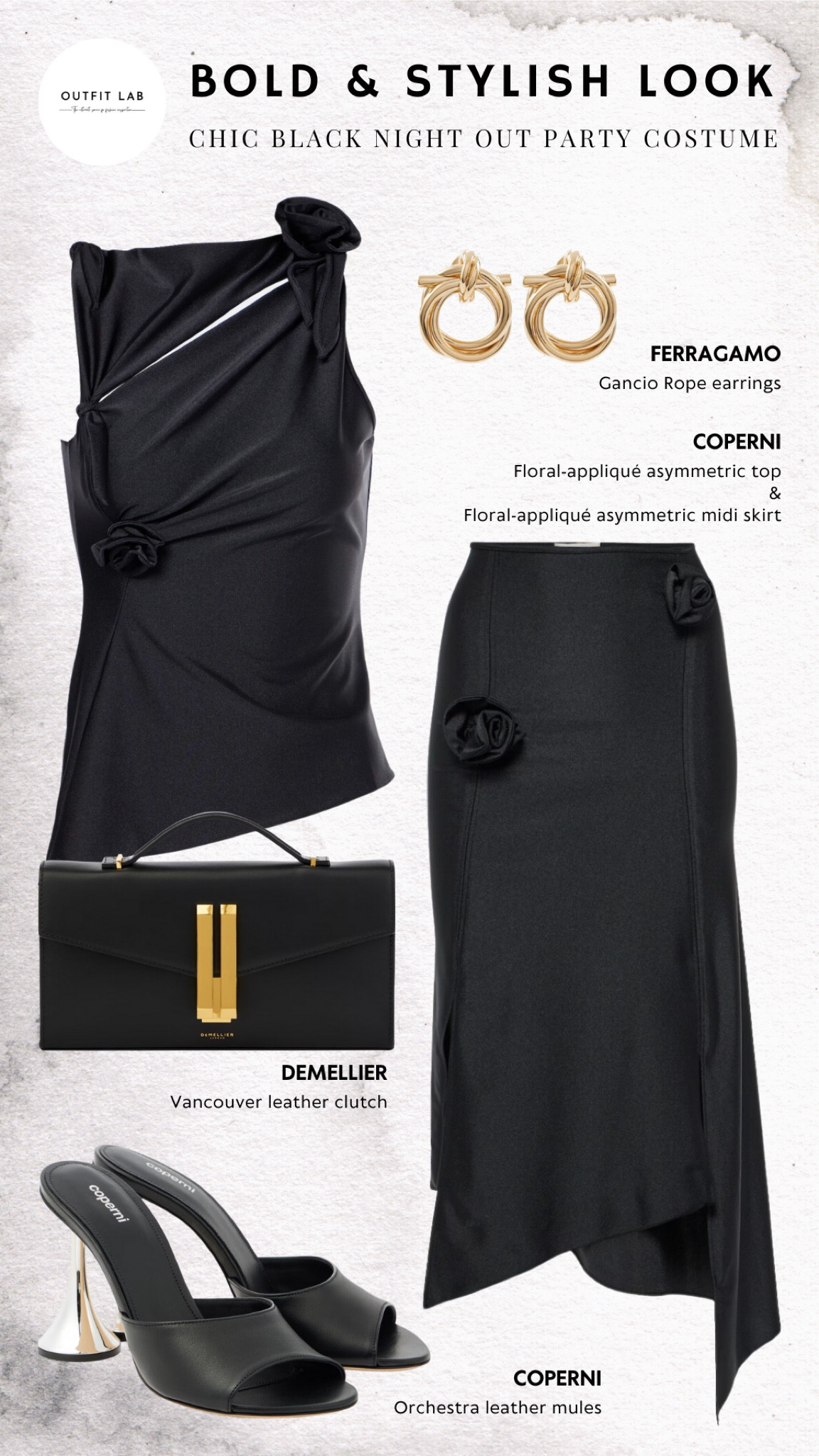 Chic Black Night Out Party Costume: Bold & Stylish Look – Shop Now!

Make a bold statement with this chic black night out party costume. Featuring a stylish Coperni top, matching skirt, and sleek mules for a coordinated look. Complete the ensemble with a sophisticated DeMellier clutch and elegant Ferragamo earrings. Perfect for any night out, this outfit ensures you stand out with effortless style. Shop now to elevate your party wardrobe with this striking look!