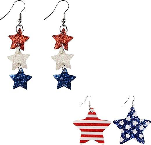 2 Pairs Colorful Star Leather Independence Day Dangle Earrings Set American Flag 4th July Patriot... | Amazon (US)