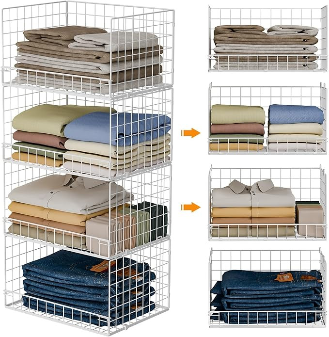 4-Tier Stackable Closet Organizers and Storage Basket, Foldable Closet Shelf Organizer System, Sp... | Amazon (US)