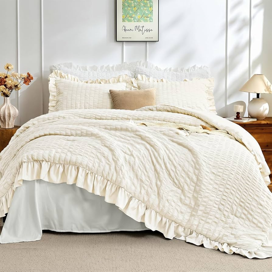 JOLLYVOGUE Ivory King Comforter Set, 3 Pieces Seersucker Comforters King Size, Lightweight & Fluf... | Amazon (US)
