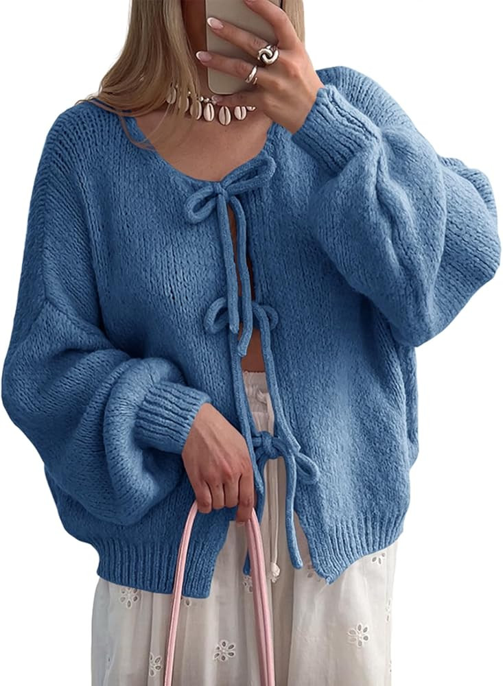 Saodimallsu Womens Tie Front Cardigan Sweaters Cute Bow Puff Long Sleeve 2025 Fall Loose Ribbed K... | Amazon (US)