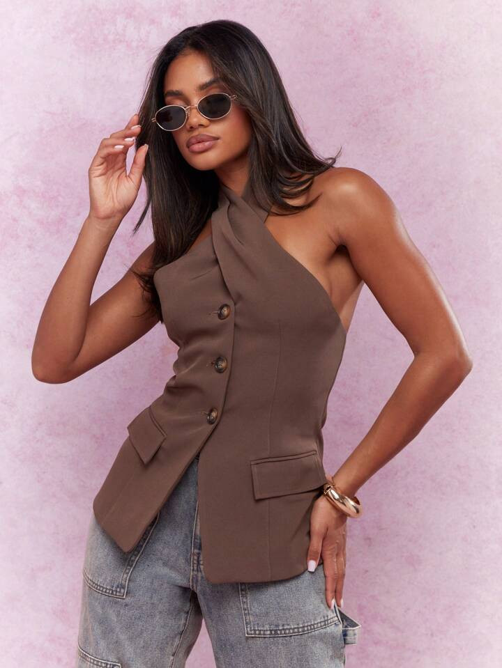 MISSGUIDED Buttoned Cross Halter Neck Backless Tank Top With Pockets | SHEIN