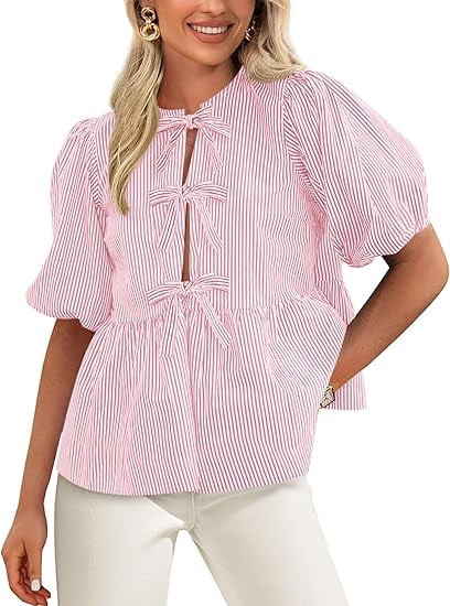 PRETTYGARDEN Women's Summer Tie Front Striped Shirt 2025 Trendy Cute Babydoll Tops Fashion Peplum... | Walmart (US)