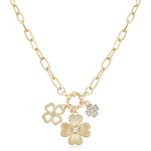 NEKOL Gold Clover Charm Necklace for Women, 14K Gold Plated Lucky Four Leaf Clover Pendant Necklace with Cubic Zirconia and Paperclip Chain Birthday Valentine's Day Jewelry Gifts for Women | Amazon (US)
