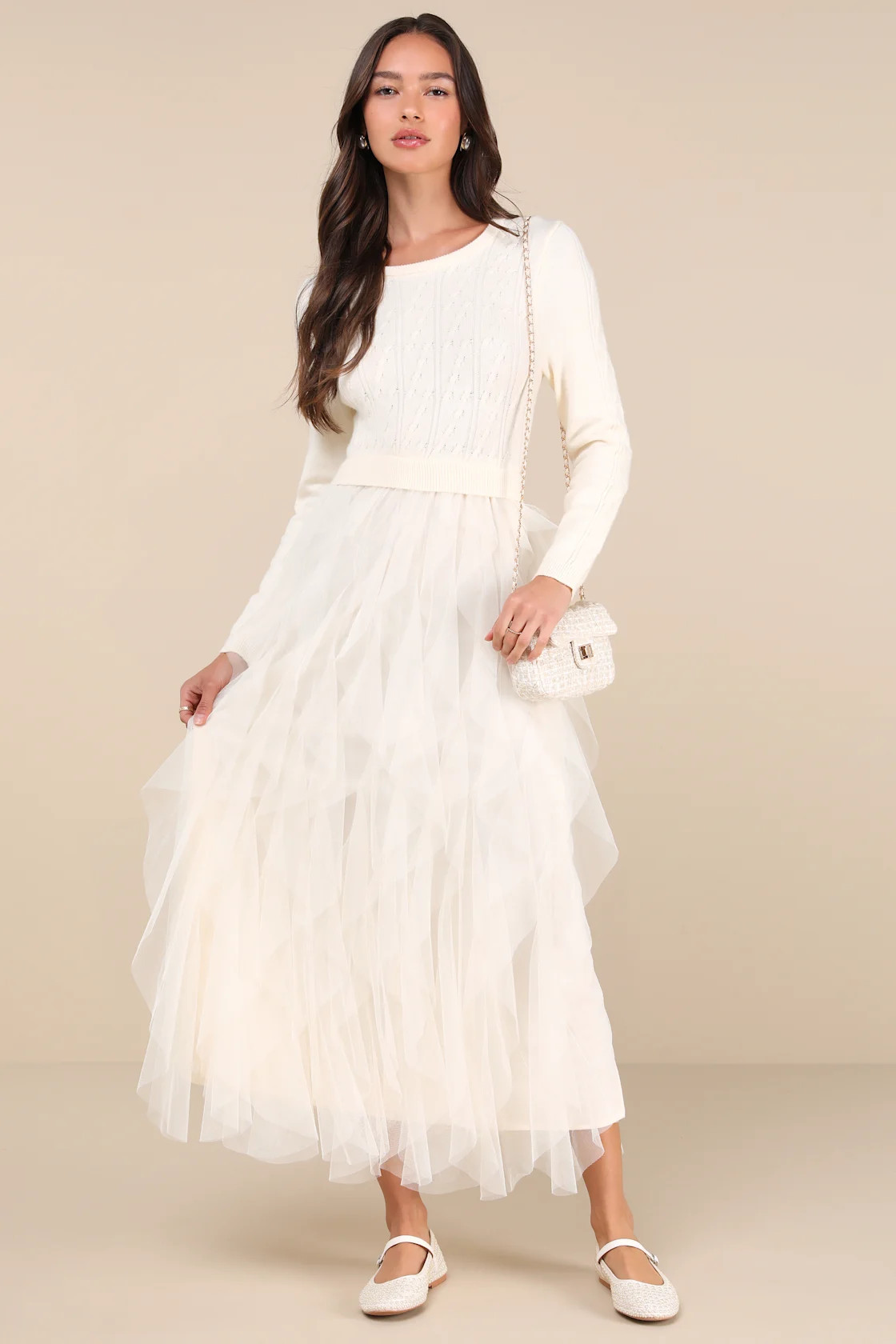 Ultimate Beauty Ivory Cable Knit Ruffled Tulle Maxi Dress | Lulus