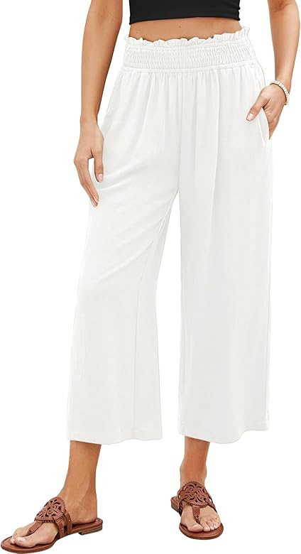 GRAPENT Capri Pants for Women High Waisted Wide Leg Linen Palazzo Trousers Pull On Elastic Smock ... | Amazon (US)