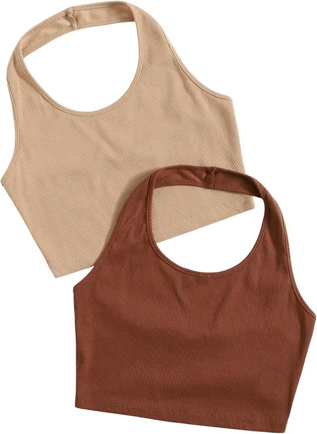 SweatyRocks Women's 2 Pack Basic Rib Knit Crop Halter Top Sleeveless Vest | Amazon (US)