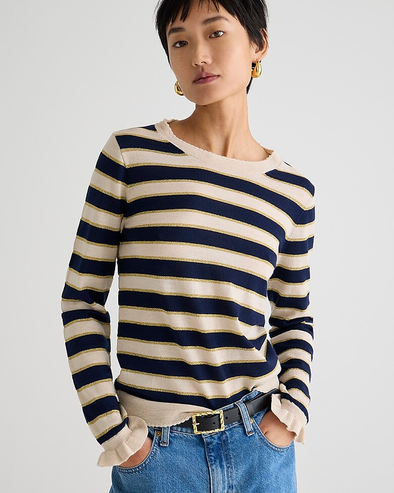 Metallic merino wool ruffle-sleeve sweater in stripe | J. Crew US
