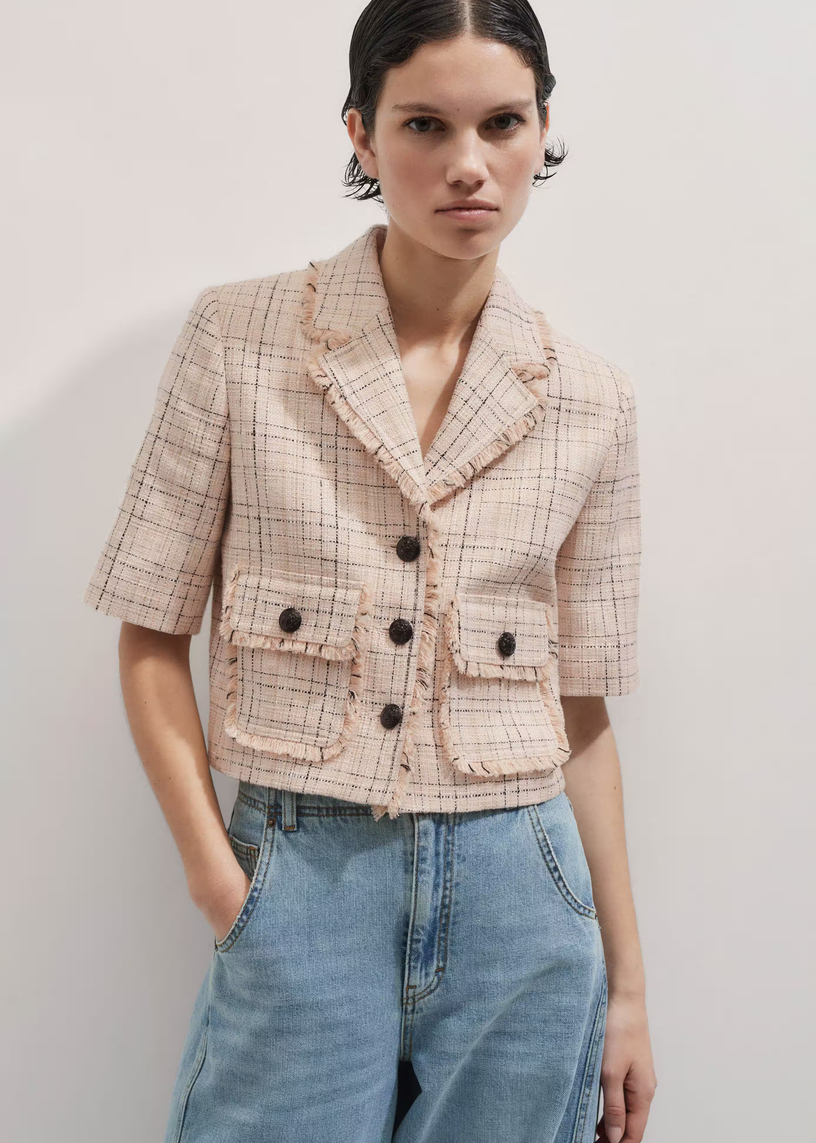 Women's Peach Tweed Short Sleeve Crop Jacket | ME+EM | ME+EM Global (Excluding US)