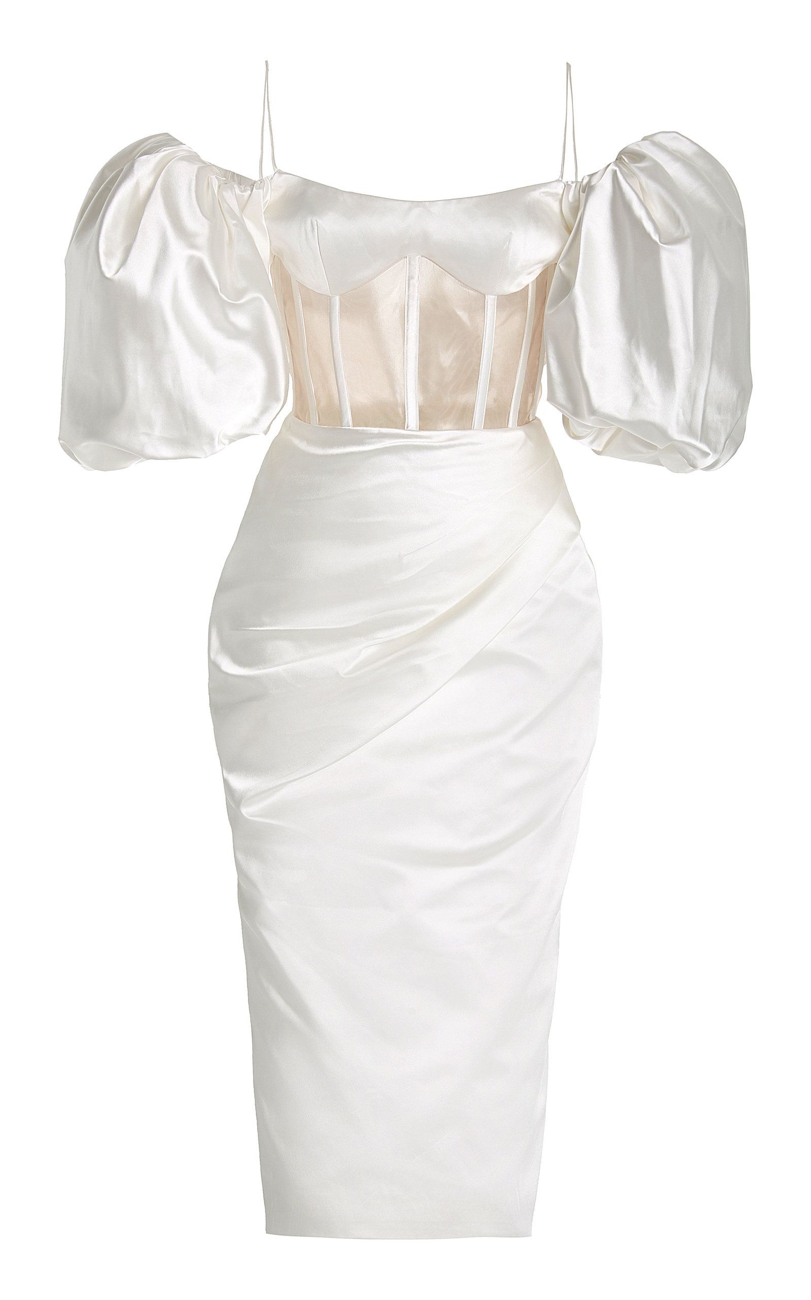 Exclusive Draped Off-The-Shoulder Satin Midi Dress | Moda Operandi (Global)