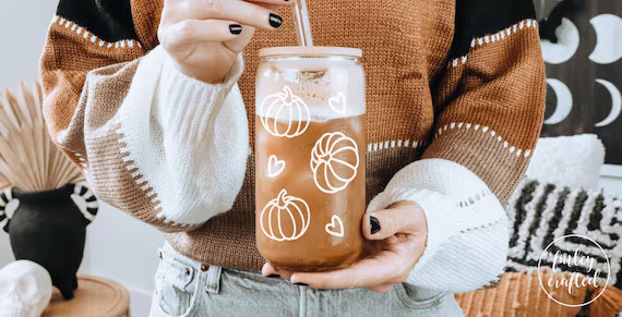 Pumpkin Iced Coffee Cup Glass Can With Lid and Straw Coffee - Etsy | Etsy (US)