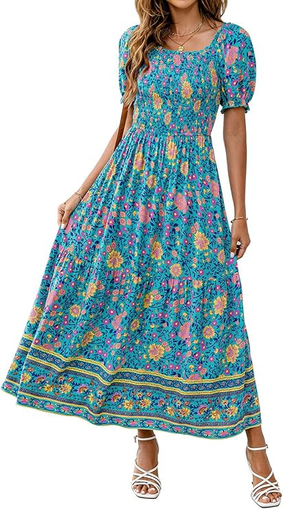 ZESICA Women's Summer Boho Floral Print Square Neck Ruffle Swing Beach Long Maxi Dress | Amazon (US)
