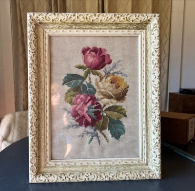 VTG rose needlepoint framed wall art Victorian cottagecore embroidery home decor | eBay US