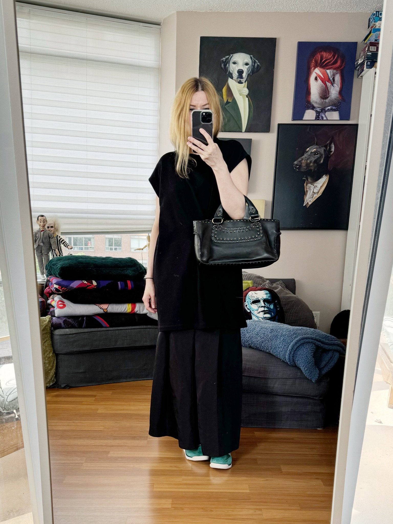 I’m too lazy to dry my hair today. When I don’t want to put in the effort I usually wear something black. Today is really low effort. It kind of looks like a dress but it’s a tunic over a maxi skirt. 
Tunic and bag are secondhand/vintage pieces. 

#LTKOver40 #LTKStyleTip #LTKShoeCrush