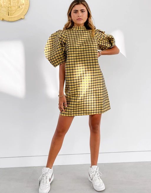 Ghospell mini dress with puff sleeves in check | ASOS (Global)