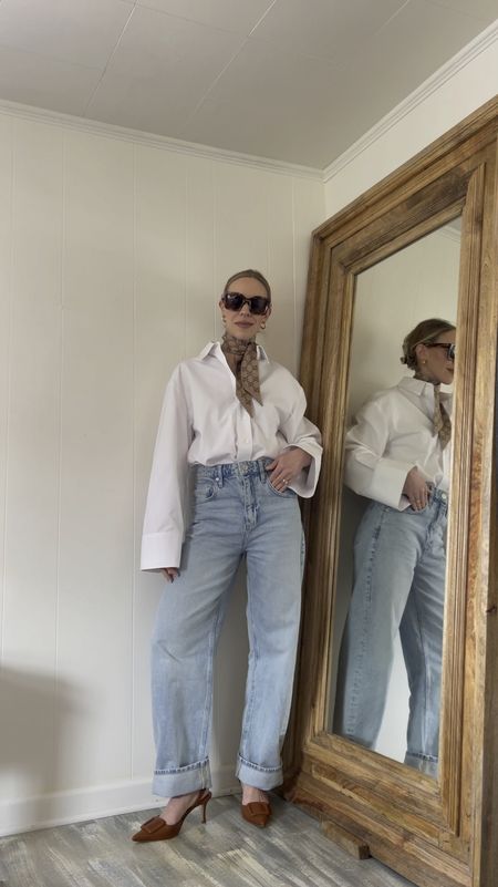 Spring outfit with oversized white shirt, barrel jeans, Manolo Blahnik slingback pumps, Gucci silk scarf 

#LTKVideo #LTKfindsunder50 #LTKshoecrush