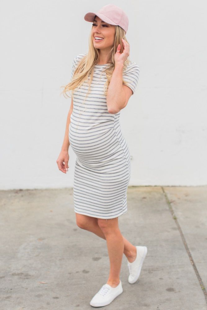 Petite Ivory Striped Fitted Short Sleeve Maternity Dress | PinkBlush Maternity