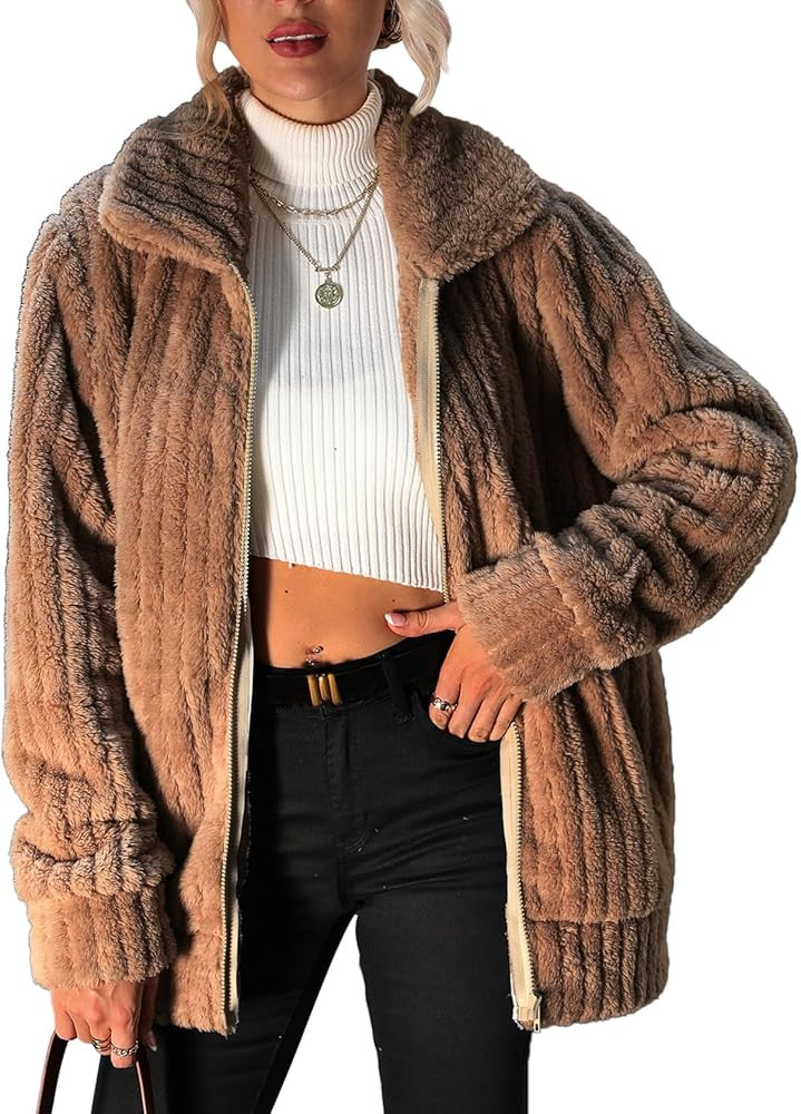 Women's Fleece Jacket Women Full Zip Long Sleeve Lapel Collar Sherpa Coat Outerwear with Pockets ... | Amazon (US)