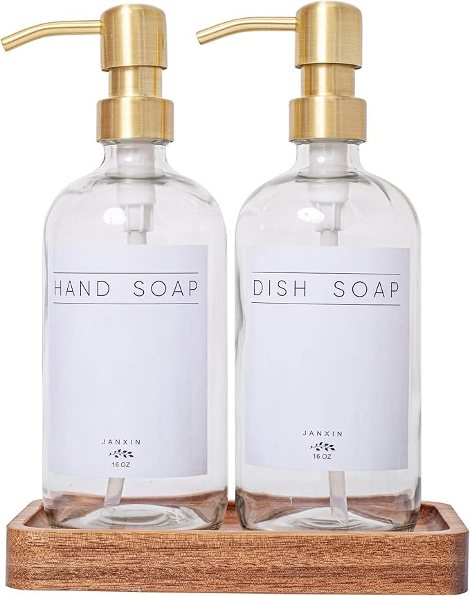 Janxin Clear Glass Soap Dispenser with Stainless Steel Pump and Wood Tray,Hand Soap Dispenser, Ki... | Amazon (US)