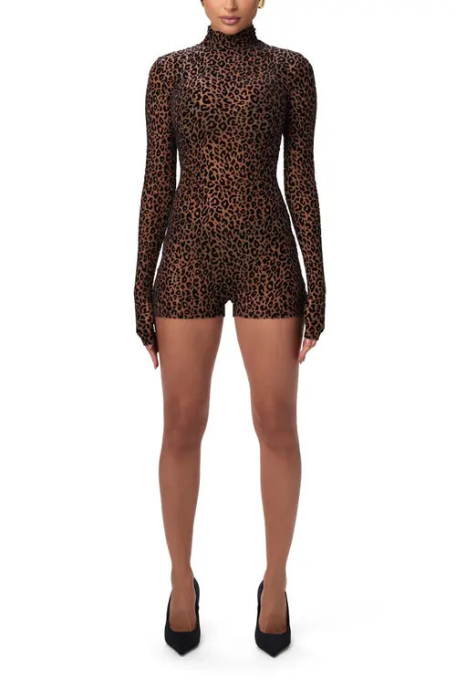 Naked Wardrobe Burnout Mock Neck Long Sleeve Romper in Leopard Nude at Nordstrom, Size Small | Nordstrom