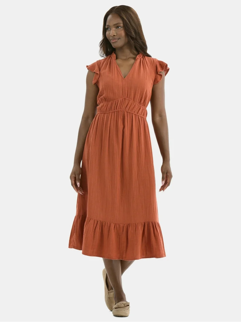 Time and Tru Women's Double Cloth Cotton Midi Dress with Flutter Sleeves, Sizes XS-XXXL - Walmart... | Walmart (US)