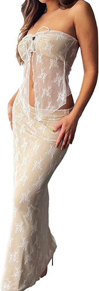 Skirt Sets Women 2 Piece Outfits Sexy See Through Lace Strapless Tube Tops Bodycon Maxi Skirt Y2K... | Amazon (US)