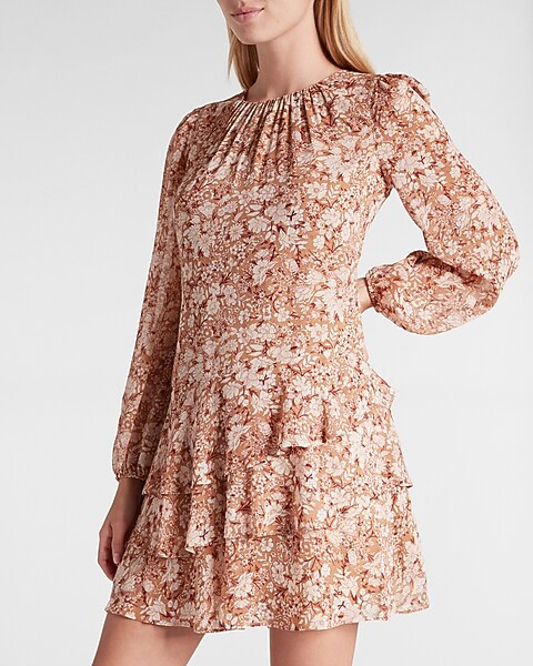 Metallic Floral Tie Waist Tiered Ruffle Mini Dress | Express