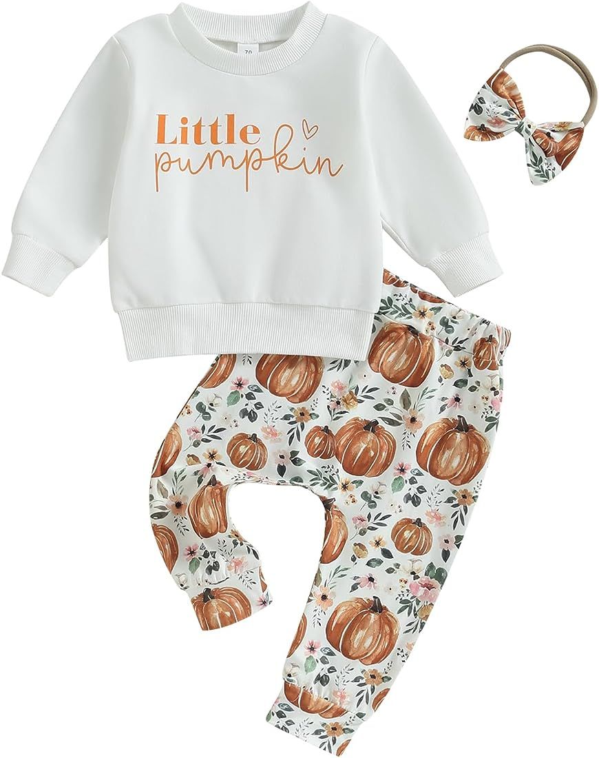 PUHHAPIEY Baby Girl Winter Clothes Pumpkin Crewneck Sweatshirts Flower Pants Headband Toddler Fal... | Amazon (US)