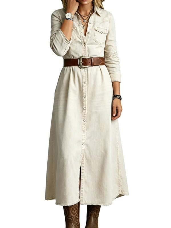 Womens Denim Button Down Shirt Dress Long Sleeve Distressed Jean Dress | Amazon (US)