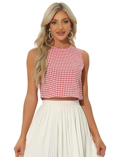 Allegra K GinghamTop for Women's Sleeveless 1950s Vintage Summer Blouse Small Red | Amazon (US)