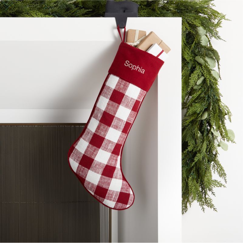 Red Linen-Cotton Blend Gingham Personalized Christmas Stocking | Crate & Barrel | Crate & Barrel