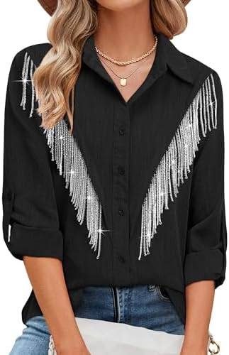 MYMORE Womens Sparkly Fringe Button Down Shirt Rolled 3/4 Sleeve Top Country Concert Nashville We... | Amazon (US)