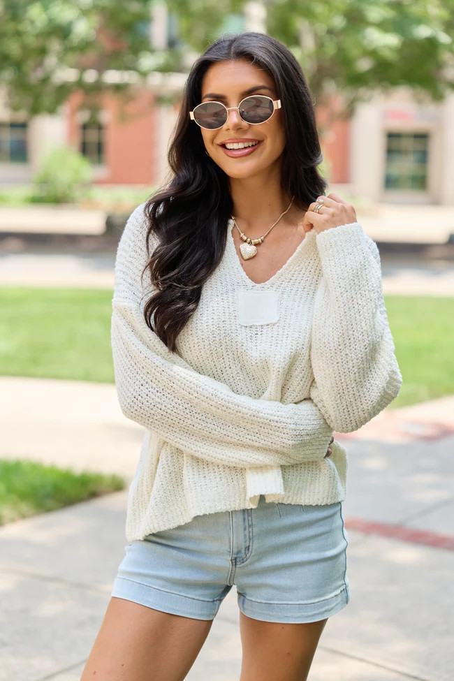 Mckenzie Ivory Open Knit V-Neck Sweater DOORBUSTER S | Pink Lily