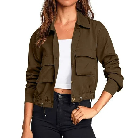 Women's Military Safari Cropped Jackets Button Down Lightweight Oversized Utility Coat with Pockets | Walmart (US)